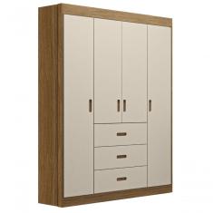 Guarda Roupa Roupeiro Livia 4 Portas 3 Gavetas MDF Off White-Carvalho Móveis Canaã