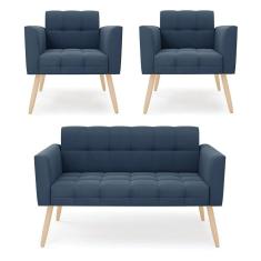 Kit 1 Sofá Namoradeira e 2 Poltronas Elisa Suede Pés Palito Natural - D`Rossi