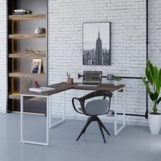 Mesa de Escritório em L Estilo Industrial 120x150cm Kuadra Nogal/Est.Branca
