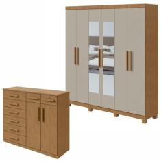 Conjunto de Guarda-roupa 6 Portas com Espelho e Pés Jazz e Cômoda Toronto Amêndoa Clean/off White