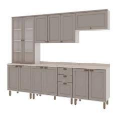 Cozinha Modulada Com Cristaleira E Balcão Para Cooktop E Tampos Impermeáveis 100% Mdf Iluminata Branco Fendi