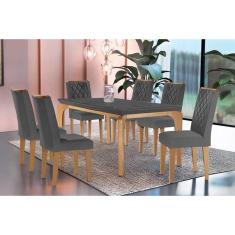 Mesa de Sala Jantar Londrina c/ Tampo Madeirado Vidro Canto Curvo 180x90cm e 6 cadeiras Jade Imbuia/Grafite - Linho Grafite - Rufato