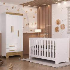 Quarto de Bebê com Guarda Roupa 3 Portas 2 Gavetas Berço 3 em 1 Catavento Maya Rodial