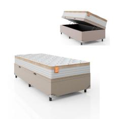 Cama Box Baú Solteiro Colchão Molas Ensacadas Real 88x188x68cm Branco / Bege - Suporta até 130Kg
