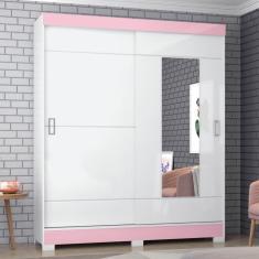 Guarda Roupa Flex 2 Portas de correr 2 Gavetas e Espelho - Branco/Rosa Chá
