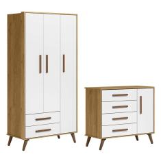 Quarto de Bebê com Roupeiro 3830 e Cômoda Infantil 3825 Qencanto Retrô Qmovi Freijó Branco Acetinado