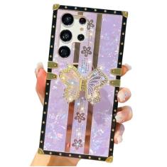 Kwhapoo Linda capa feminina compatível com Samsung Galaxy S24 Ultra 17.3 cm Stand Girly, Bling Glitter Pearl Diamond Butterfly Kickstand Case, capas de silicone macio à prova de choque para mulheres