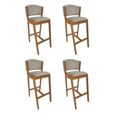 Kit 4 Banquetas Alta De Madeira Maciça Cerejeira Premium Ana Com Encosto Linho Bege
