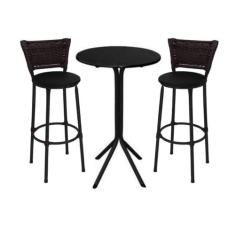 Jogo de 2 Banquetas Preta Junco Argila Assento Preto com Bistro Preto 