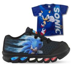 Kit Tênis De Led Infantil Menino Masculino Sonic Preto + Camisa - Kids