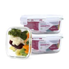 KIT 3 Potes Vidro Herméticos Quadrado 520ml - U4home