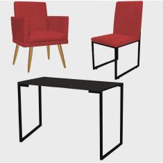 Kit Escritório Stan Poltrona Rodapé com Cadeira e Mesa Industrial Tampo Preto Corino Vermelho - Ahz Móveis