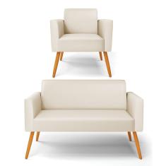 Sofá Namoradeira Com Poltrona Pés Palito Castanho Marisa Corino Bege D03 - D'rossi