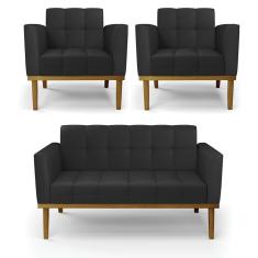 Sofá Namoradeira E 2 Poltronas Base Madeira Castanho Elisa Corino Preto D03 - D'rossi