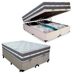 Cama Box Baú Casal Bipartido Sintético + Colchão Anjos Black Graphite Molas Ensacadas 138x188x64cm Cor:branco