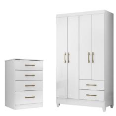Kit Guarda Roupa Solteiro e Cômoda Chile Ms 4 Portas de Bater 2 Gavetas em MDP com Cabideiro Naturale e Branco