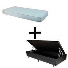 Cama Box Baú Solteiro 88 - Tecido Sintético Preto com Colchão Munique Bello Box - 100% Espuma - D33 Branco 55x88x188