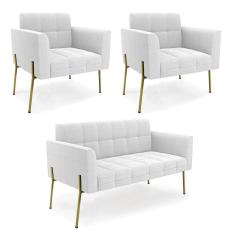 Namoradeira E 2 Poltronas Pé De Ferro Dourado Elisa Bouclê Off Wte D03 - D`rossi