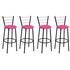 Kit 4 Banquetas Altas Preta com Encosto Assento Rosa