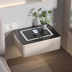 Mesa de cabeceira montada na parede para quarto, mesa de cabeceira com estação de carregamento, 1 gaveta, mesa lateral moderna branca LED, mesa de cabeceira adorneve, mesa de cabeceira fina