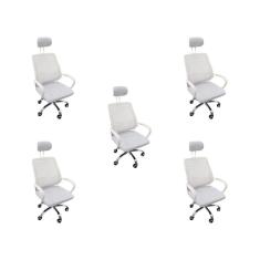 Kit 5 Cadeiras Escritório Diretor Tela Mesh Com Encosto De Cabeça Branco