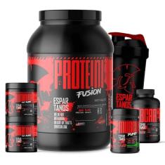 Kit Whey Protein Fusion + BCAA + Creatina + Glutamina + Pré Treino Limão + Shaker-Unissex