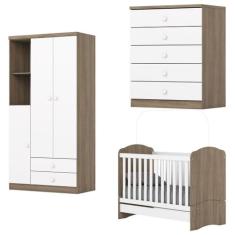 Quarto de Bebê com Guarda-Roupa 3 Portas Cômoda e Berço Faz de Conta E