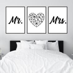 Kit 3 Quadros Decorativos Mr And Mrs Coração 34x23cm