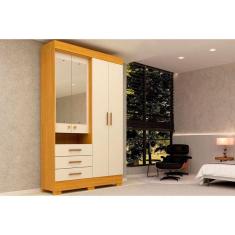 Guarda Roupa Solteiro 4 Portas e 3 Gavetas c/ Espelho Débora Nature/Off White - ACP