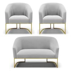 Namoradeira E 2 Poltronas Base Industrial Dourado Stella Suede D03 - D