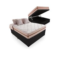 Cama Box Baú Casal Tecido Preto Com Colchão Pillow Angel Bello Box Molas 62x138x188