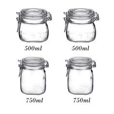 Jogo com 4 Potes de vidro hermético Fido Rocco Bormioli - 2 500ml + 2 750ml com tampa para armazenamento