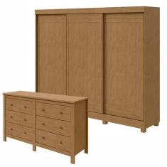 Conjunto de Guarda-Roupa 3 Portas 4 Gavetas Nice com Pés e Cômoda Maggiore New Amêndoa Clean/Off White