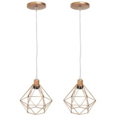 2 Pendentes Aramado Diamante Luminária Lustre Cabo Cristal 1,5 Mt Cobr