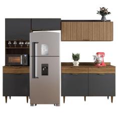 Armário De Cozinha Completa Com Balcão 6 Portas Ripado GavetasPara Micro Ondas Madeirado-grafite