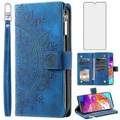 Asuwish Capa de telefone para Samsung Galaxy A70 Capa carteira com protetor de tela de vidro temperado e alça de pulso Mandala flor flip zíper porta-cartões suporte celular A70S A 70 70A S70 mulheres