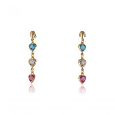 Brinco De Corações Com Pedras Coloridas Folheado Em Ouro 18K