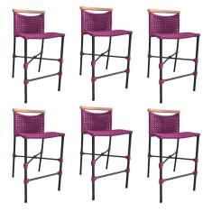 Kit 6 Banquetas Anne Em Corda Náutica Base Em Alumínio Preta Com Detalhe Em Madeira Rosa - Cor: Rosa
