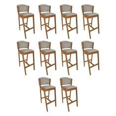 Kit 10 Banquetas Alta de Madeira Maciça Cerejeira Premium Ana com Encosto Linho Bege