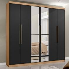 Guarda Roupa Casal Com Espelho 6 Portas 3 Gavetas Montreal Mapi Móveis Amêndoa/Preto