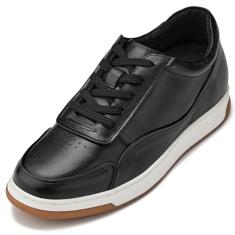 CALTO Tênis masculino invisível que aumenta a altura – Tênis moderno de couro premium com cadarço – 6 cm mais alto, Preto/Branco e Sola de Goma, 38