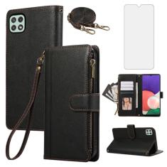 Asuwish Capa de celular para Samsung Galaxy A22 5G com zíper carteira celular com protetor de tela de vidro temperado alça transversal cordão suporte para cartão de crédito couro A 22 22A A22s G5