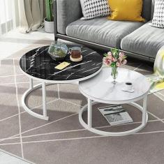 Mesa de centro empilhável com estrutura de metal redonda branca - Mesas de aninhamento elegantes com tampo de vidro com efeito de mármore para escritório doméstico ou sala de estar - Tamanho