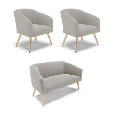 Namoradeira e 2 Poltronas Pé Palito Natural Stella Bouclê Cinza D03 - D`Rossi