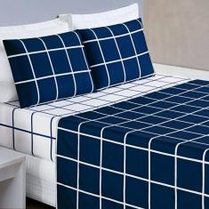 Jogo De Lençol Queen Austin Micropercal 200 Fios - 4 Peças Cor Xadrez Marinho