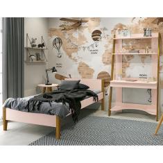 Jogo de Quarto Infantil Simba Estante Escrivaninha, Cama e Mesa de Canto Theo com Pés Amadeirado - Reller Móveis Rosa Fosco