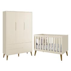 Jogo de Quarto Infantil Theo Retrô Guarda Roupa 3 Portas e Berço com Pés Amadeirado - Reller Móveis Areia Fosco