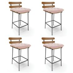 Kit 04 Banquetas Costela Veludo Base Metálica Preto Cor Rose