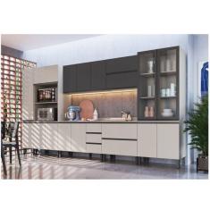 Cozinha Modulada 10 Peças Tampo Aéreo 3 Portas Basculantes Balcão 2 Portas Paneleiro Plátano Quiditá Fumê/Grafite