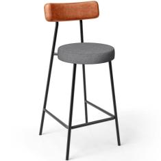 Banqueta Baixa Cozinha Sala Jantar Milão L02 Couríssimo Camel Linho Cinza Escuro  - Lyam Decor